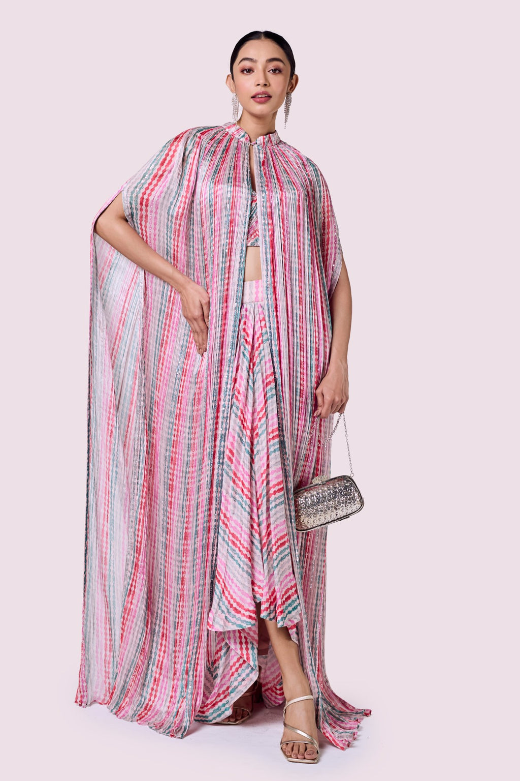 Shop multicolor printed chiffon co-ord set online in USA with cape. Shop the best and latest designs in embroidered sarees, designer sarees, Anarkali suit, lehengas, sharara suits for weddings and special occasions from Pure Elegance Indian fashion store in USA.-full view