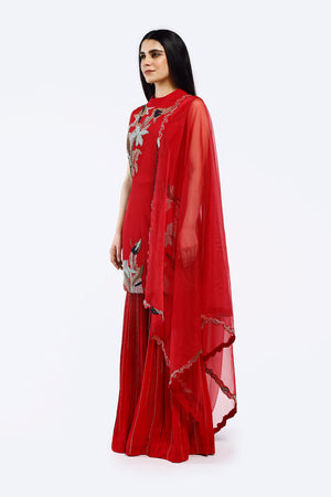 Buy red cheed work georgette sharara suit online in USA with dupatta. Shop the best and latest designs in embroidered sarees, designer sarees, Anarkali suit, lehengas, sharara suits for weddings and special occasions from Pure Elegance Indian fashion store in USA.-dupatta