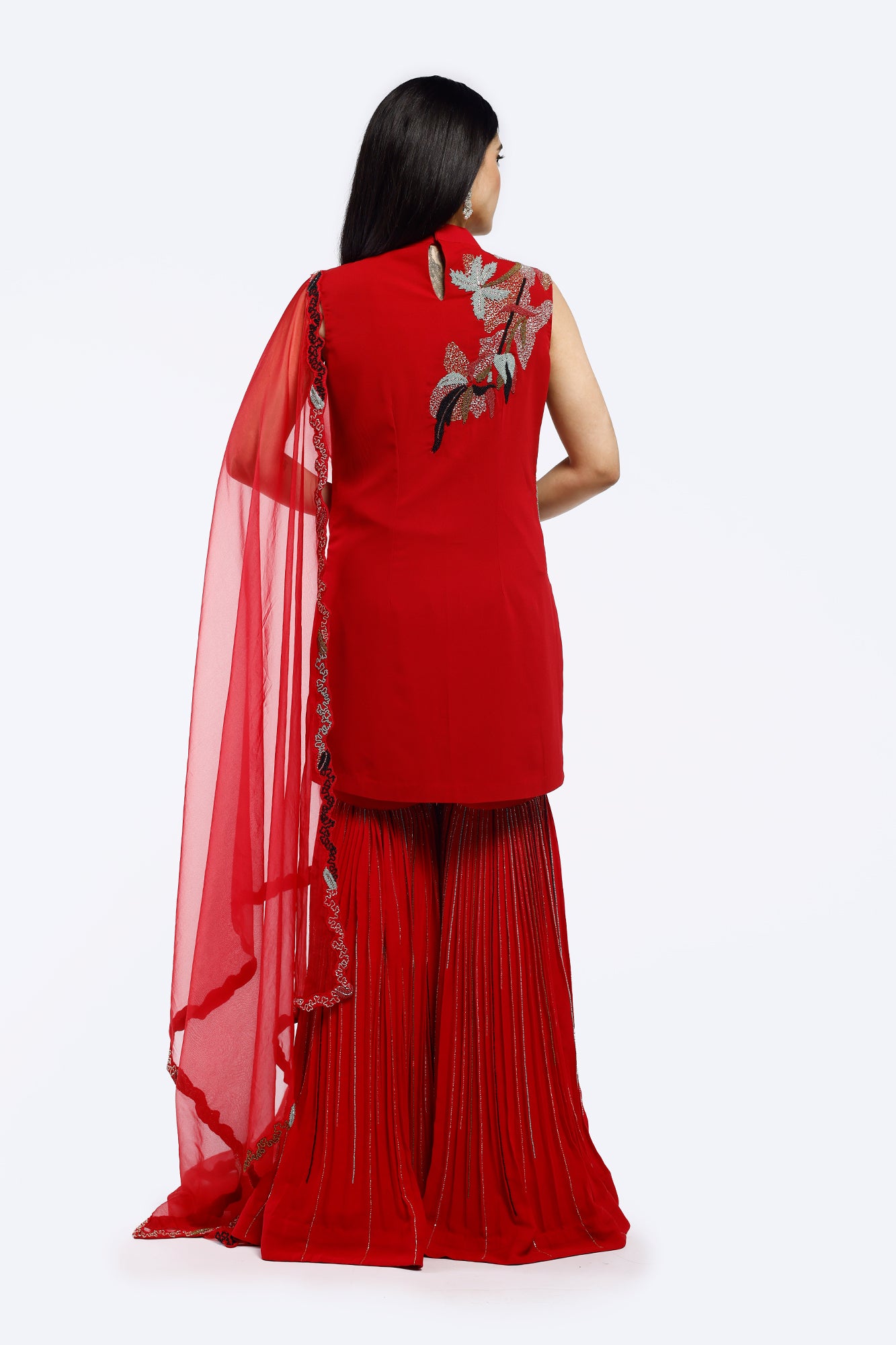 Buy red cheed work georgette sharara suit online in USA with dupatta. Shop the best and latest designs in embroidered sarees, designer sarees, Anarkali suit, lehengas, sharara suits for weddings and special occasions from Pure Elegance Indian fashion store in USA.-back