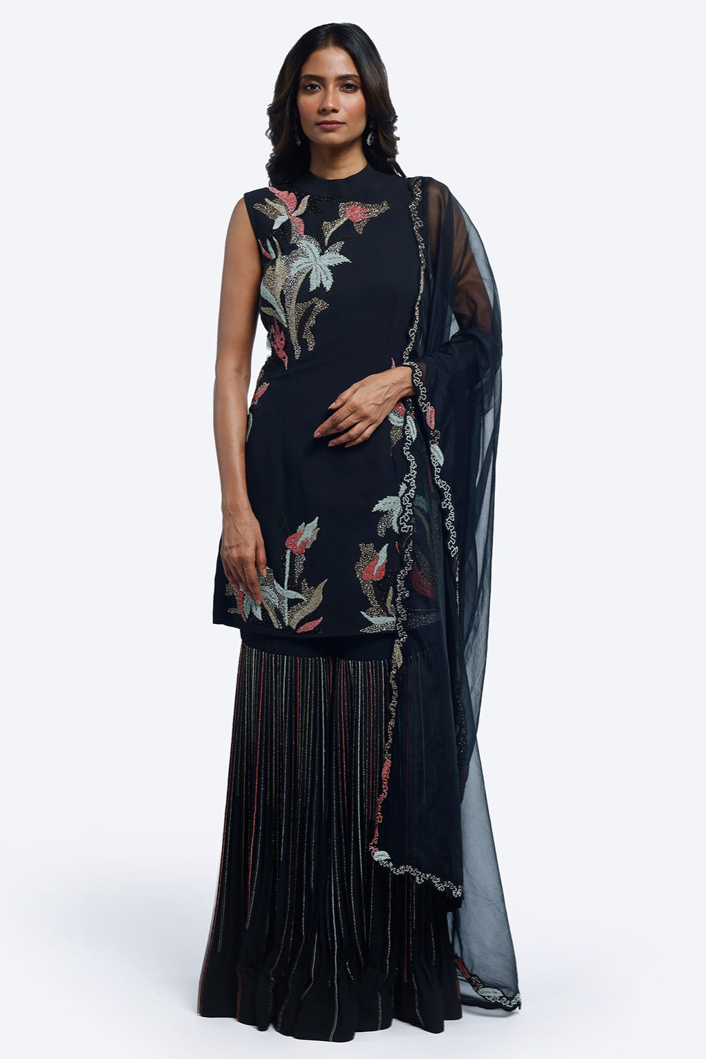 Buy navy blue embroidered georgette sharara suit online in USA with organza dupatta. Shop the best and latest designs in embroidered sarees, designer sarees, Anarkali suit, lehengas, sharara suits for weddings and special occasions from Pure Elegance Indian fashion store in USA.-full view