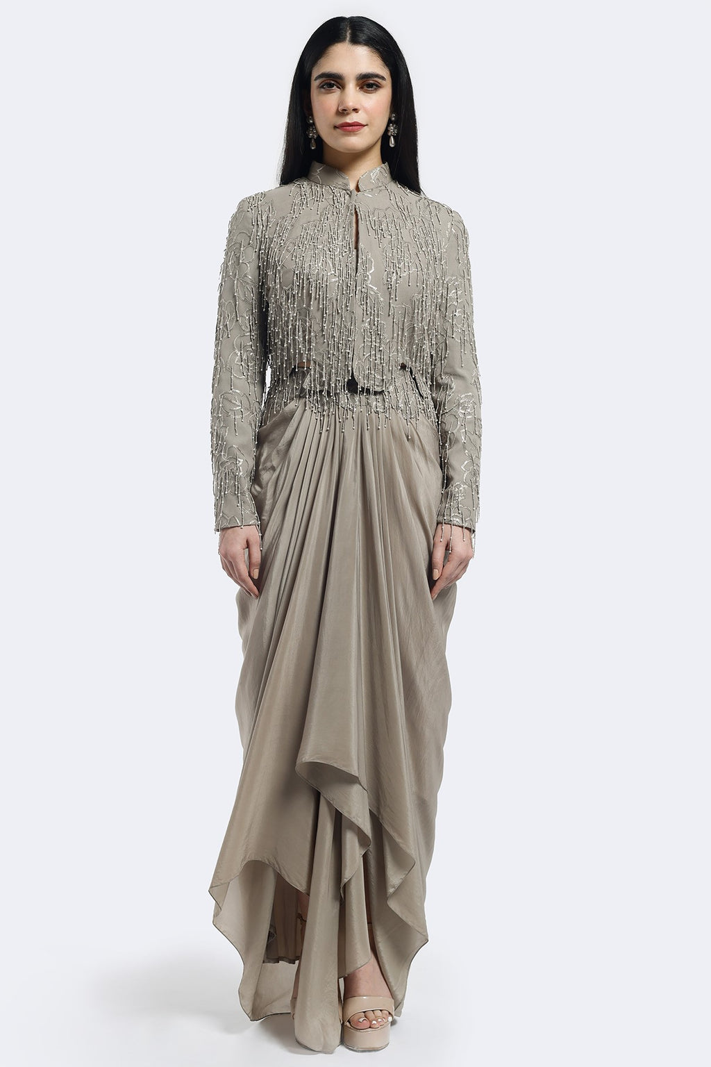 Shop grey embroidered crepe top online in USA with draped skirt. Shop the best and latest designs in embroidered sarees, designer sarees, Anarkali suit, lehengas, sharara suits for weddings and special occasions from Pure Elegance Indian fashion store in USA.-full view