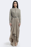 Shop grey embroidered crepe top online in USA with draped skirt. Shop the best and latest designs in embroidered sarees, designer sarees, Anarkali suit, lehengas, sharara suits for weddings and special occasions from Pure Elegance Indian fashion store in USA.-full view