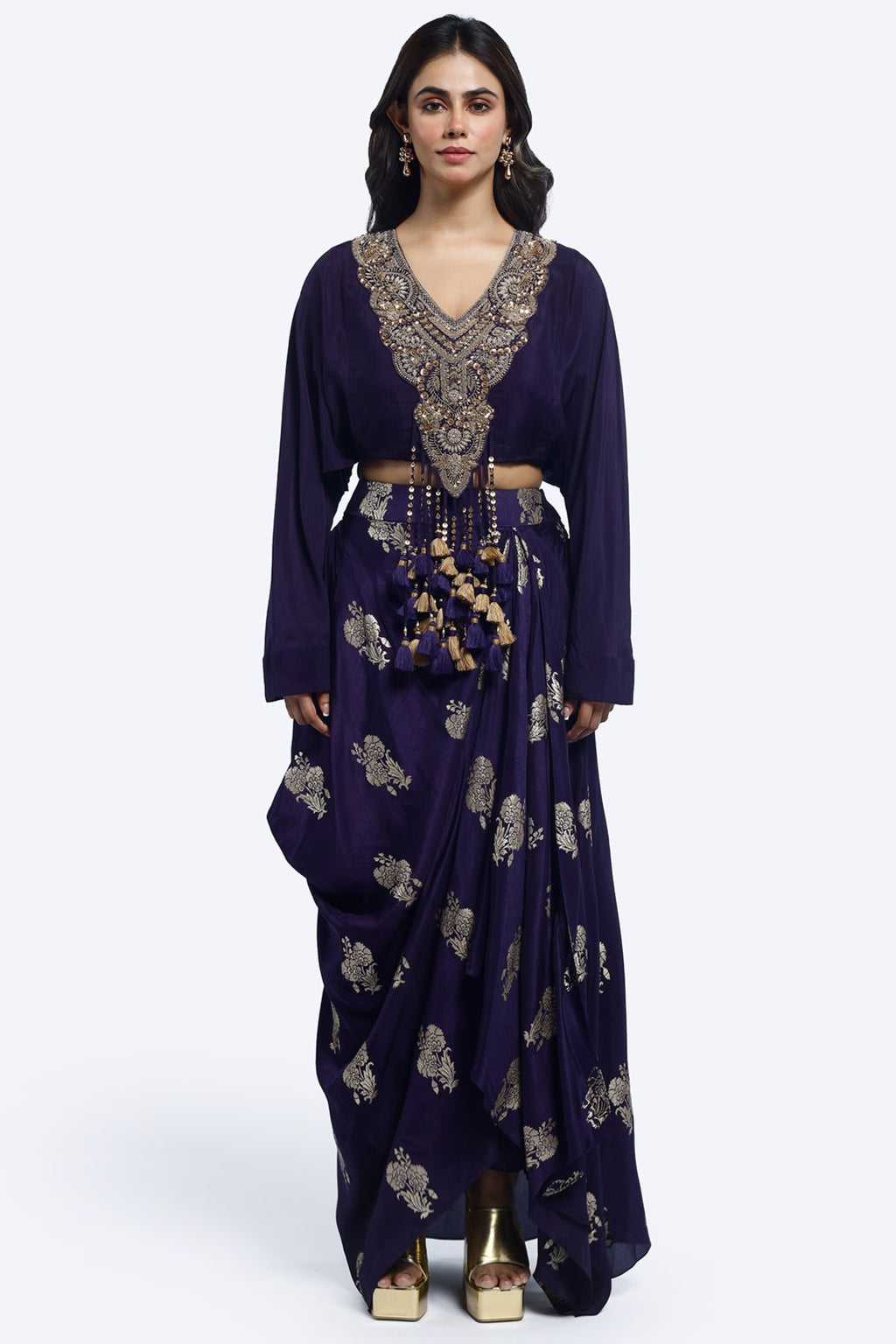 Buy navy embellished silk top with draped top online in USA. Shop the best and latest designs in embroidered sarees, designer sarees, Anarkali suit, lehengas, sharara suits for weddings and special occasions from Pure Elegance Indian fashion store in USA.- full view