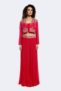 Shop pink embroidered co-ord set with online in USA with jacket. Shop the best and latest designs in embroidered sarees, designer sarees, Anarkali suit, lehengas, sharara suits for weddings and special occasions from Pure Elegance Indian fashion store in USA.-full view
