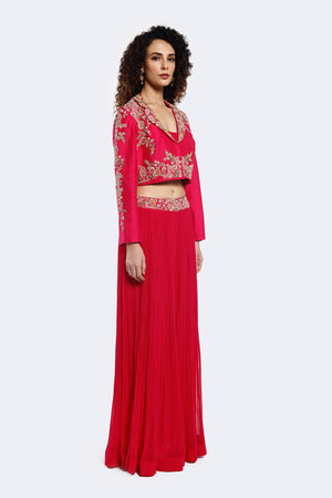 Shop pink embroidered co-ord set with online in USA with jacket. Shop the best and latest designs in embroidered sarees, designer sarees, Anarkali suit, lehengas, sharara suits for weddings and special occasions from Pure Elegance Indian fashion store in USA.-side
