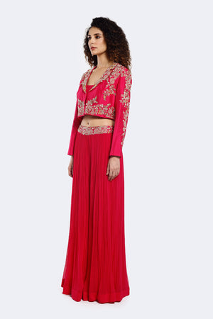 Shop pink embroidered co-ord set with online in USA with jacket. Shop the best and latest designs in embroidered sarees, designer sarees, Anarkali suit, lehengas, sharara suits for weddings and special occasions from Pure Elegance Indian fashion store in USA.-palazzo