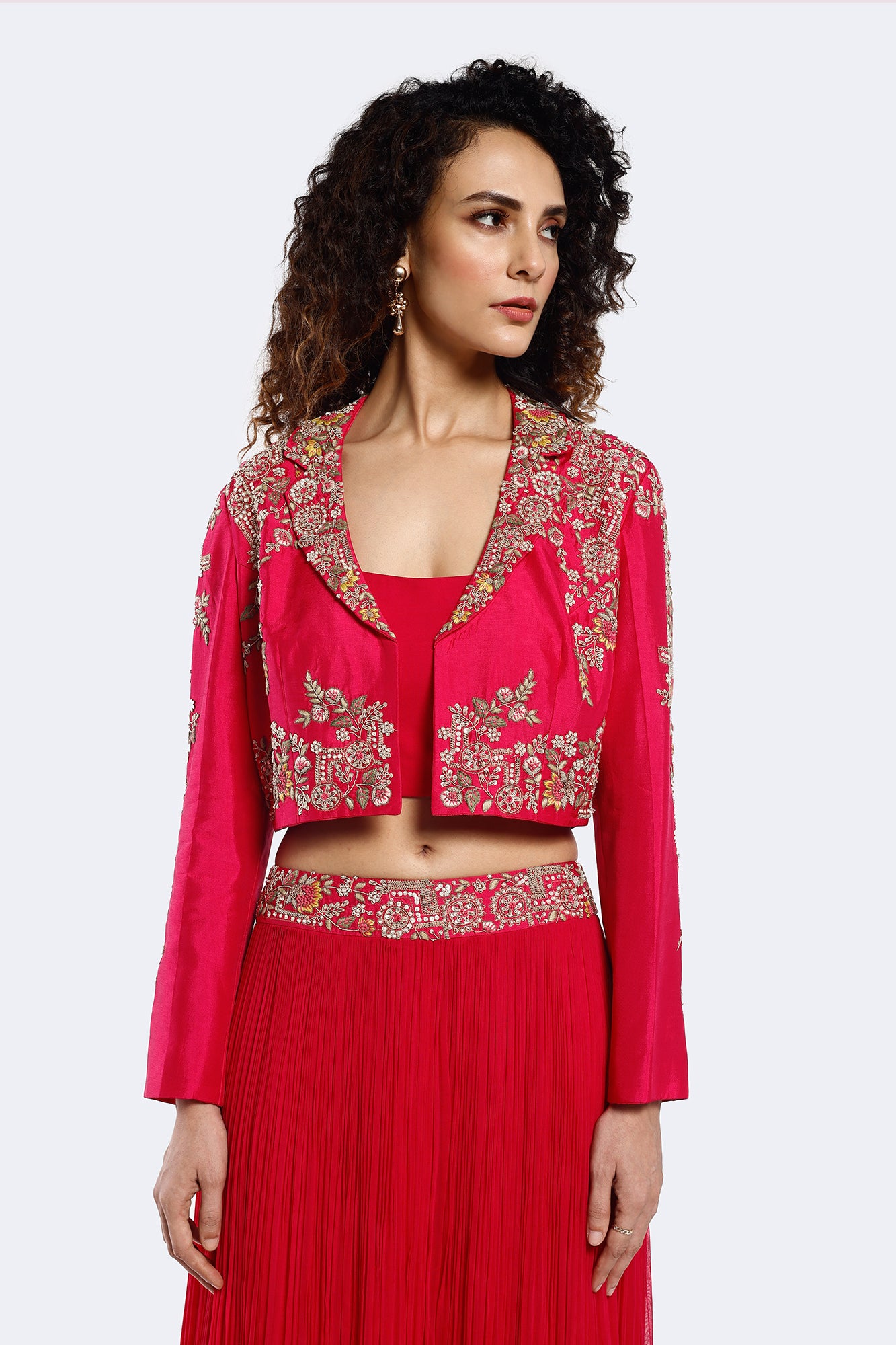 Shop pink embroidered co-ord set with online in USA with jacket. Shop the best and latest designs in embroidered sarees, designer sarees, Anarkali suit, lehengas, sharara suits for weddings and special occasions from Pure Elegance Indian fashion store in USA.-closeup