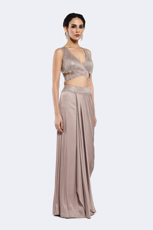 Shop stunning grey embroidered crepe co-ord set with online in USA. Shop the best and latest designs in embroidered sarees, designer sarees, Anarkali suit, lehengas, sharara suits for weddings and special occasions from Pure Elegance Indian fashion store in USA.-side