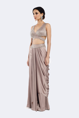 Shop stunning grey embroidered crepe co-ord set with online in USA. Shop the best and latest designs in embroidered sarees, designer sarees, Anarkali suit, lehengas, sharara suits for weddings and special occasions from Pure Elegance Indian fashion store in USA.-skirt
