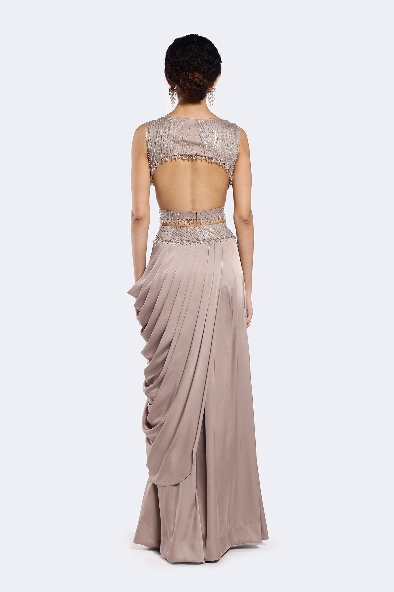 Shop stunning grey embroidered crepe co-ord set with online in USA. Shop the best and latest designs in embroidered sarees, designer sarees, Anarkali suit, lehengas, sharara suits for weddings and special occasions from Pure Elegance Indian fashion store in USA.-back