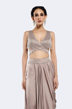 Shop stunning grey embroidered crepe co-ord set with online in USA. Shop the best and latest designs in embroidered sarees, designer sarees, Anarkali suit, lehengas, sharara suits for weddings and special occasions from Pure Elegance Indian fashion store in USA.-closeup