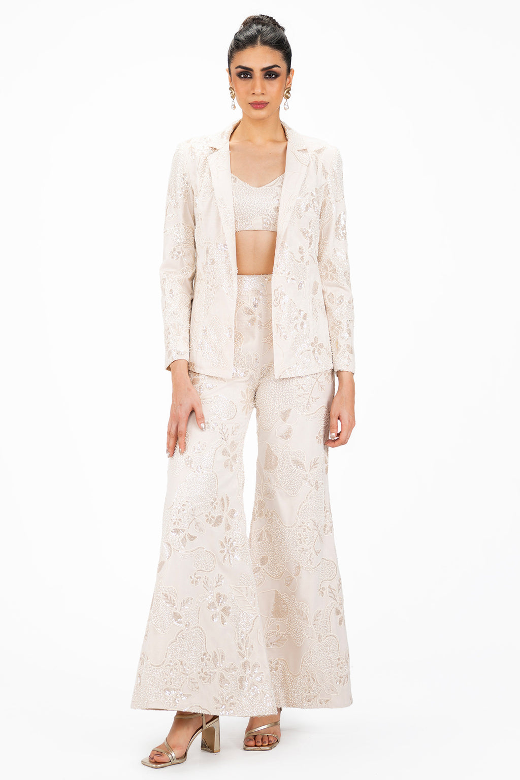 Shop white embellished net co-ord set online in USA. Shop latest designer sarees, Anarkali suit, lehengas, sharara suits for weddings from Pure Elegance Indian fashion store in USA.-FULL VIEW