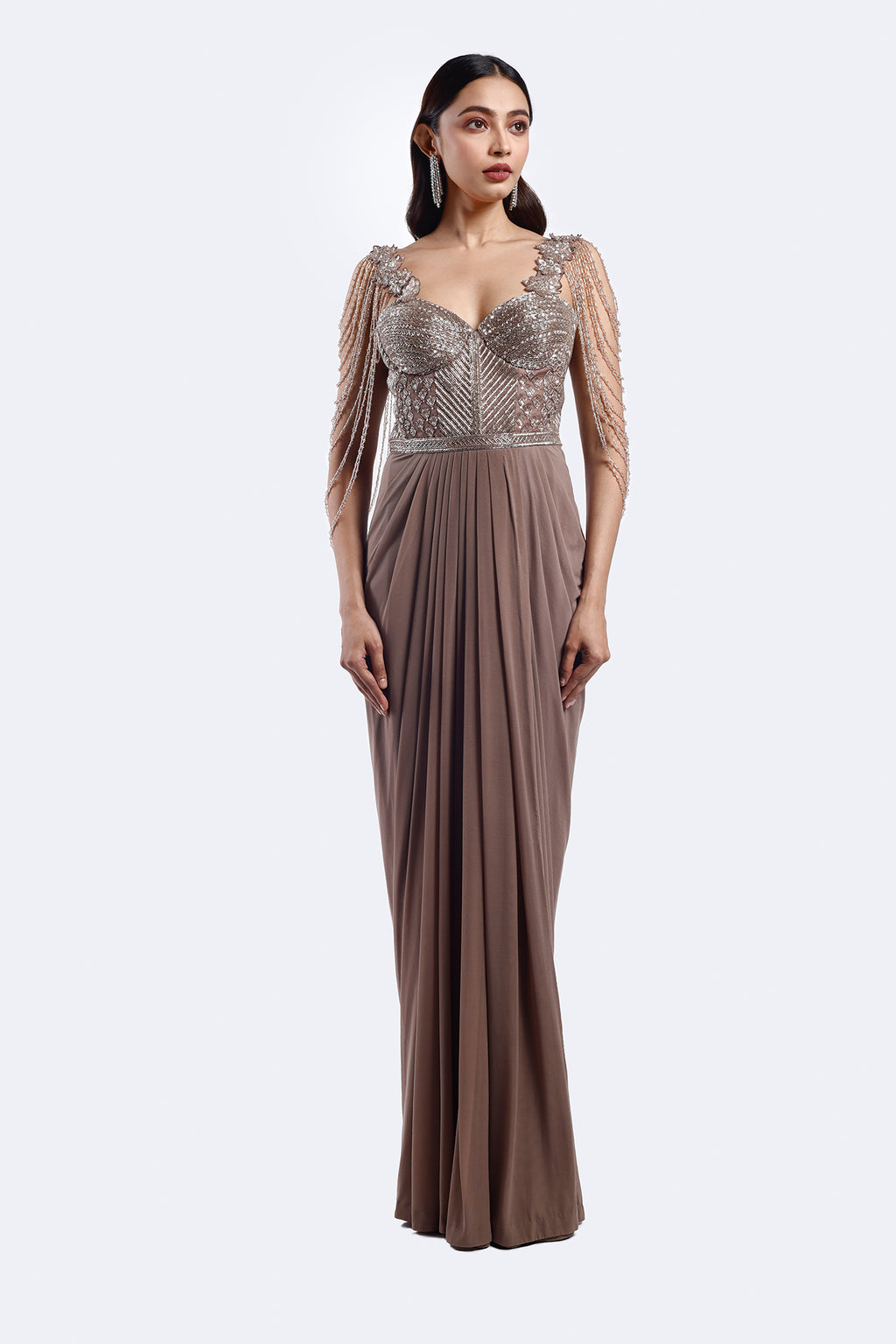 Buy beige lycra net embellished bustier gown online in USA. Shop latest designer sarees, Anarkali suit, lehengas, sharara suits for weddings from Pure Elegance Indian fashion store in USA.-full view