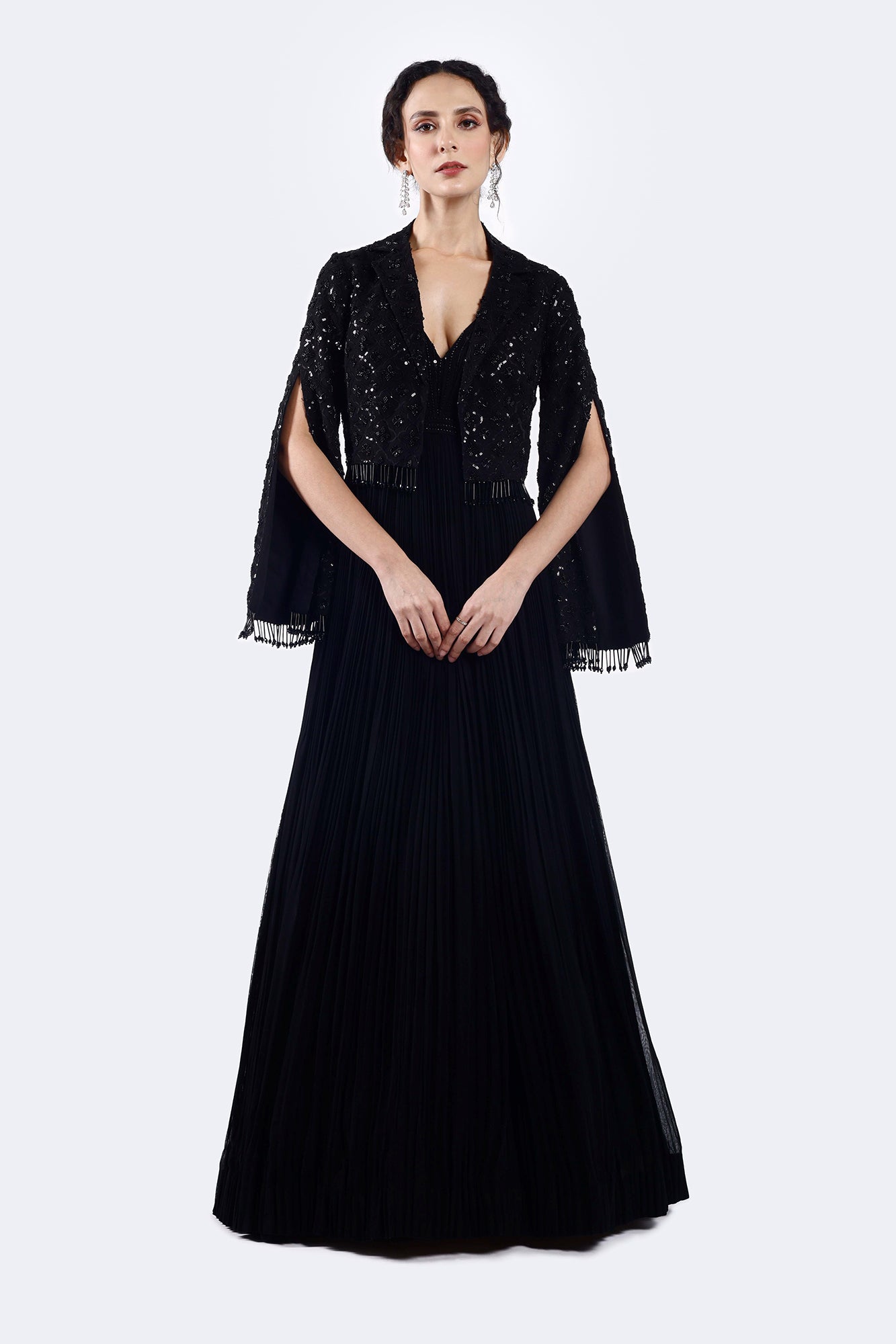 Buy embellished georgette gown online in USA with cape. Shop latest designer sarees, Anarkali suit, lehengas, sharara suits for weddings from Pure Elegance Indian fashion store in USA.-full view