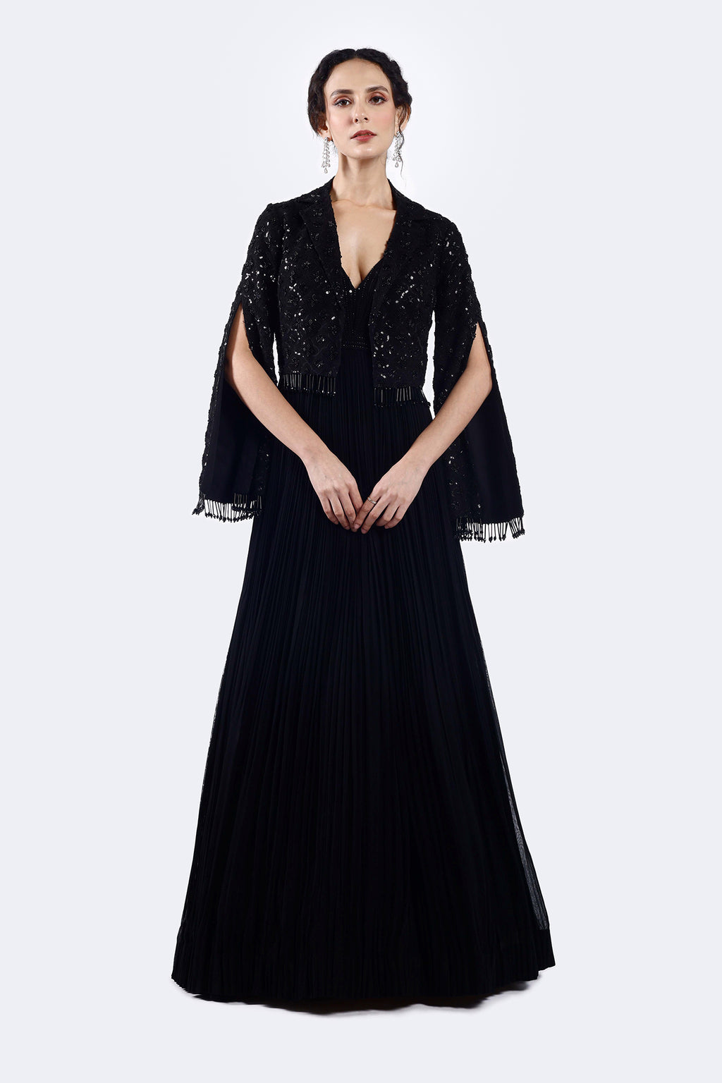 Buy embellished georgette gown online in USA with cape. Shop latest designer sarees, Anarkali suit, lehengas, sharara suits for weddings from Pure Elegance Indian fashion store in USA.-full view