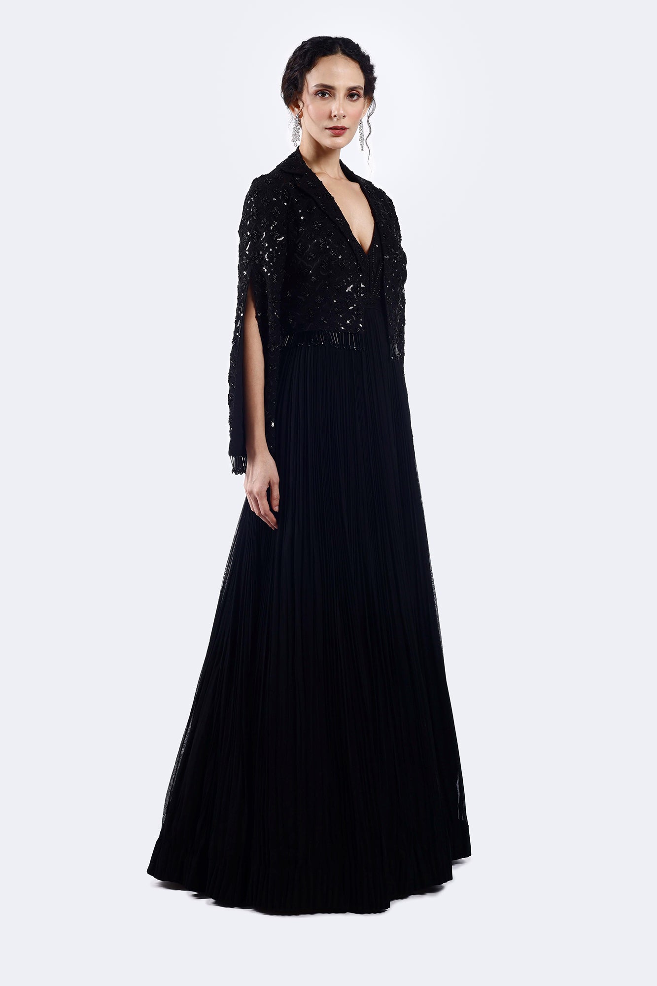 Buy embellished georgette gown online in USA with cape. Shop latest designer sarees, Anarkali suit, lehengas, sharara suits for weddings from Pure Elegance Indian fashion store in USA.-side