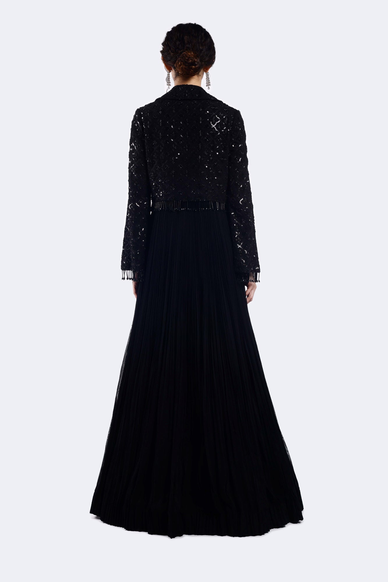 Buy embellished georgette gown online in USA with cape. Shop latest designer sarees, Anarkali suit, lehengas, sharara suits for weddings from Pure Elegance Indian fashion store in USA.-back