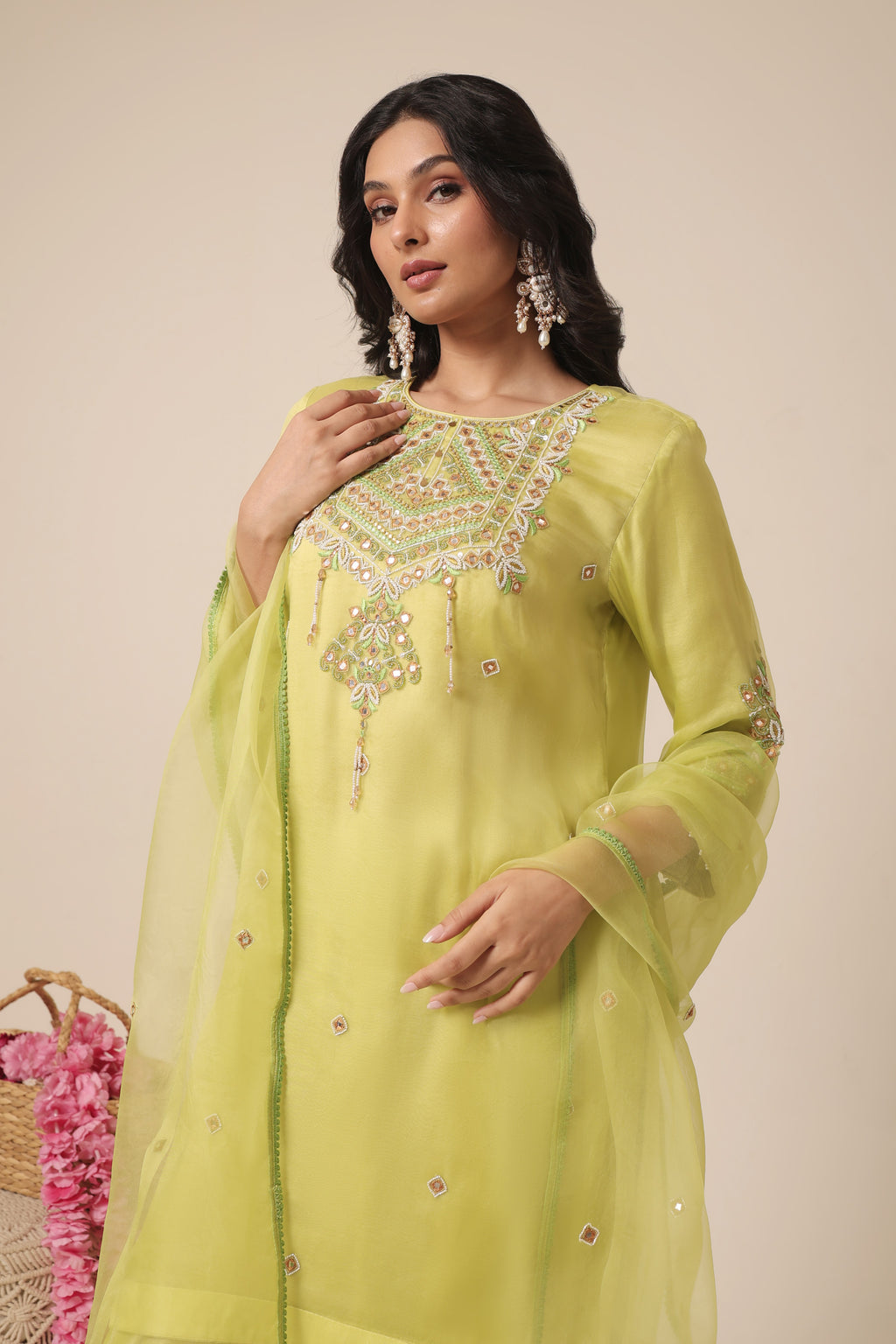 Shop pista green embroidered organza kurta online in USA with farshi salwar. Shop Indian designer suits, lehengas, sharara suits, wedding lehenga online in USA.-full view