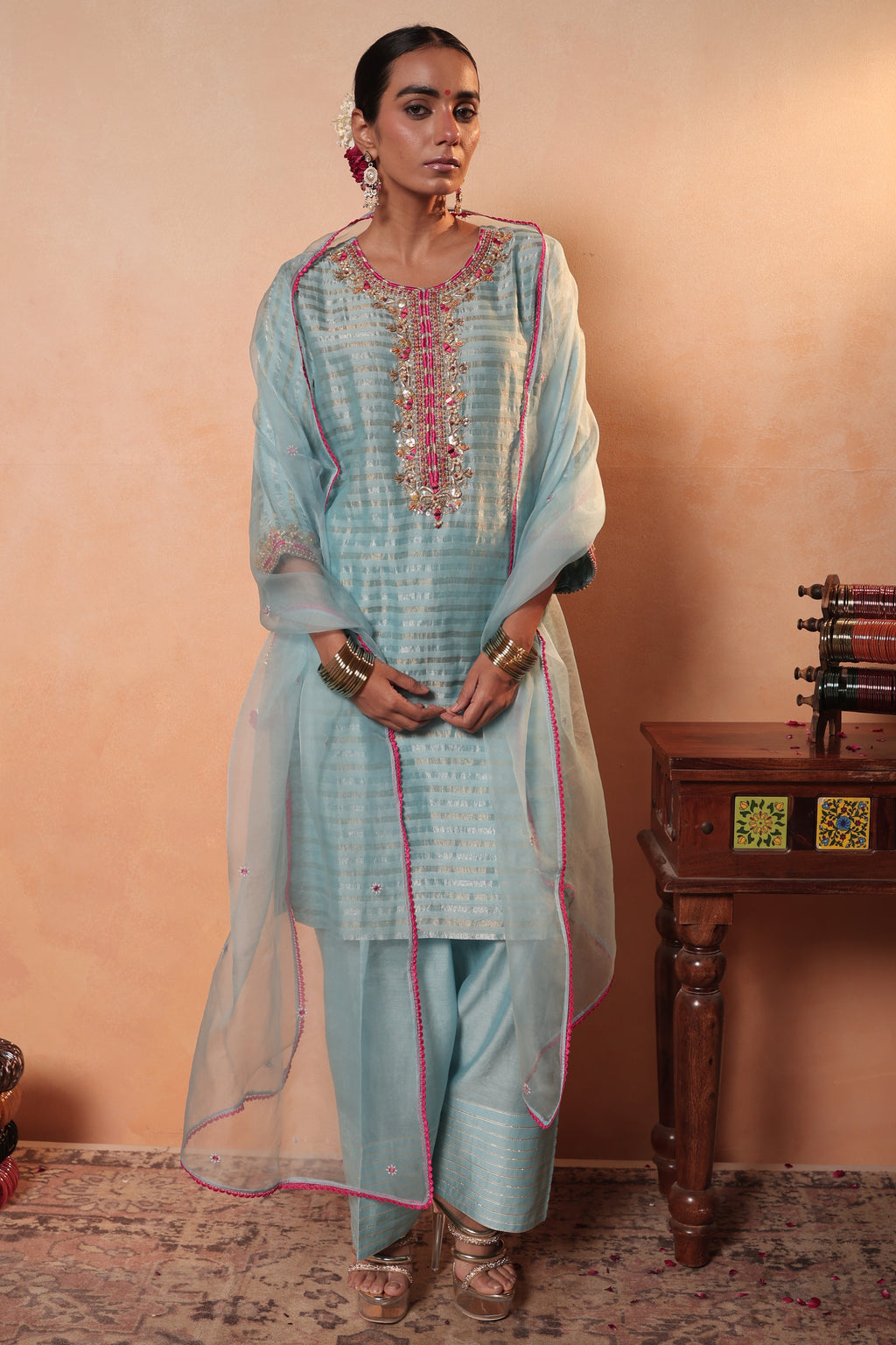 Buy pastel blue tissue striped embroidered kurta online in USA with farshi salwar. Shop Indian designer suits, lehengas, sharara suits, wedding lehenga online in USA.-full view