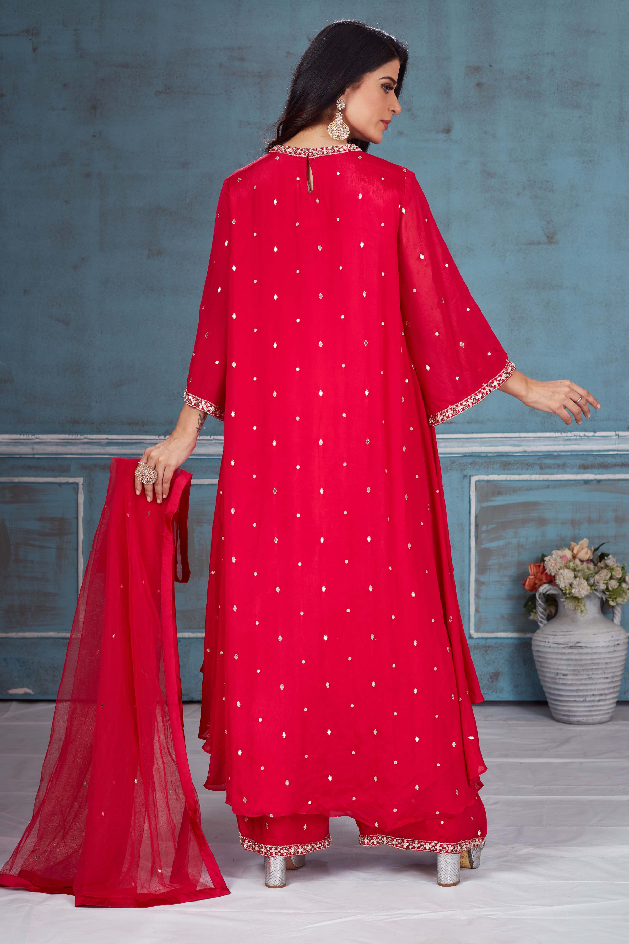 Buy beautiful red embroidered crepe Kaftan suit online in USA with dupatta. Look royal on special occasions in exquisite designer lehengas, pure silk sarees, handloom sarees, Bollywood sarees, Anarkali suits, Banarasi sarees, organza sarees from Pure Elegance Indian saree store in USA.-back