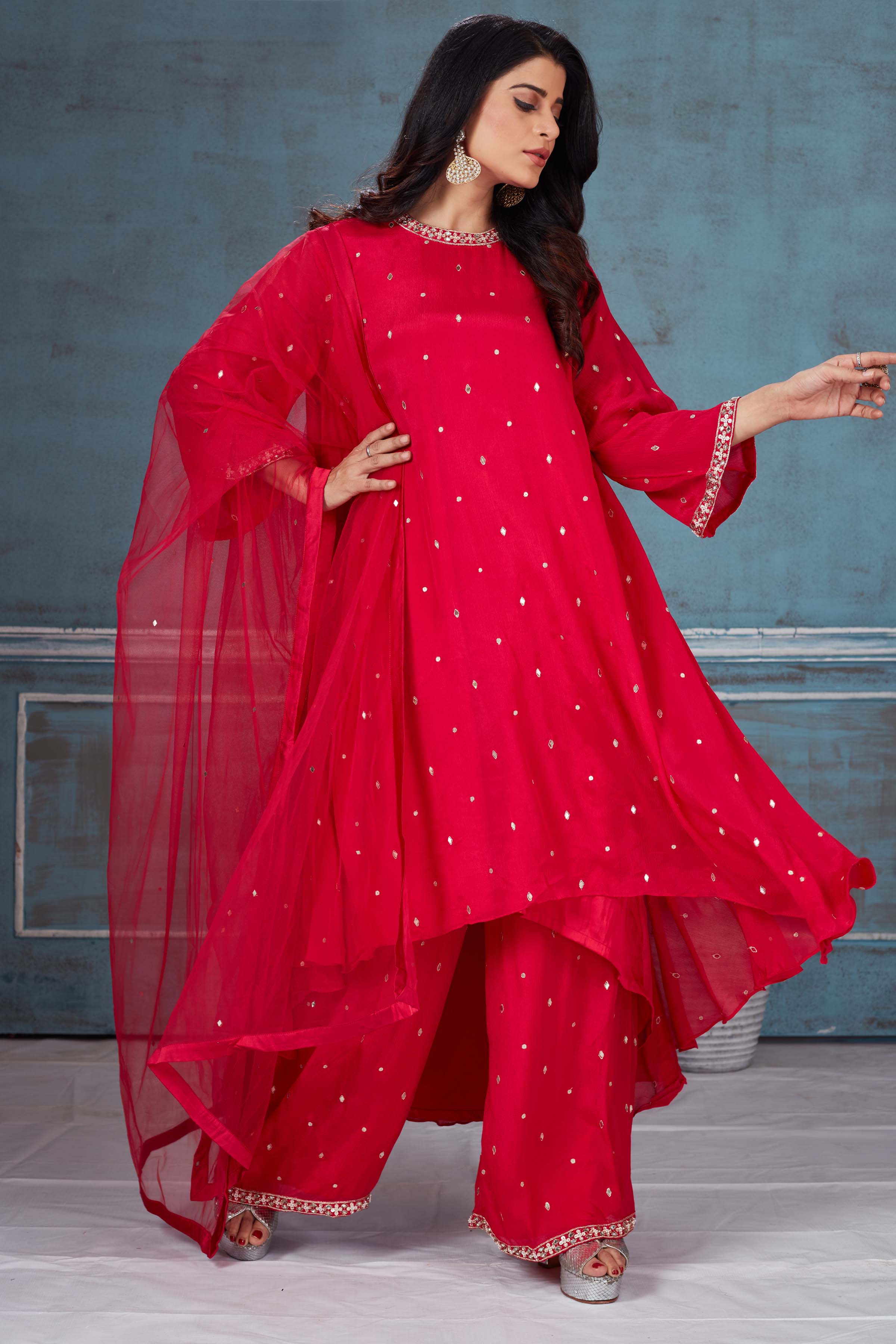 Buy beautiful red embroidered crepe Kaftan suit online in USA with dupatta. Look royal on special occasions in exquisite designer lehengas, pure silk sarees, handloom sarees, Bollywood sarees, Anarkali suits, Banarasi sarees, organza sarees from Pure Elegance Indian saree store in USA.-front