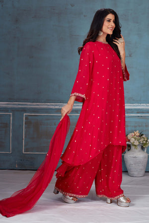 Buy beautiful red embroidered crepe Kaftan suit online in USA with dupatta. Look royal on special occasions in exquisite designer lehengas, pure silk sarees, handloom sarees, Bollywood sarees, Anarkali suits, Banarasi sarees, organza sarees from Pure Elegance Indian saree store in USA.-side