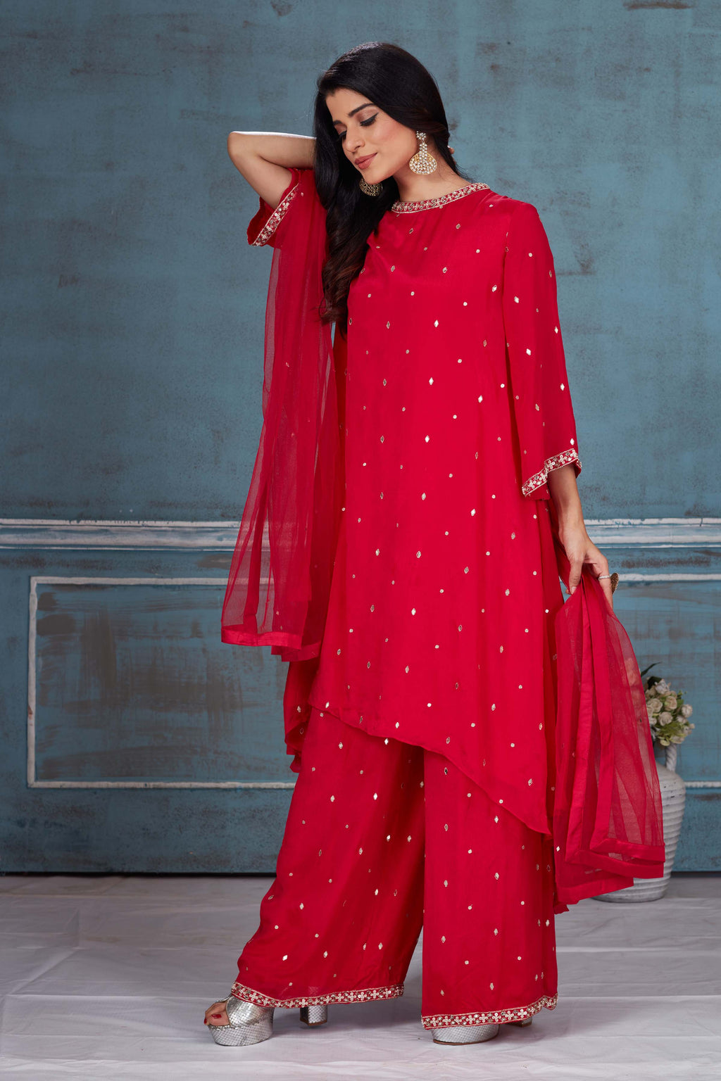 Buy beautiful red embroidered crepe Kaftan suit online in USA with dupatta. Look royal on special occasions in exquisite designer lehengas, pure silk sarees, handloom sarees, Bollywood sarees, Anarkali suits, Banarasi sarees, organza sarees from Pure Elegance Indian saree store in USA.-full view