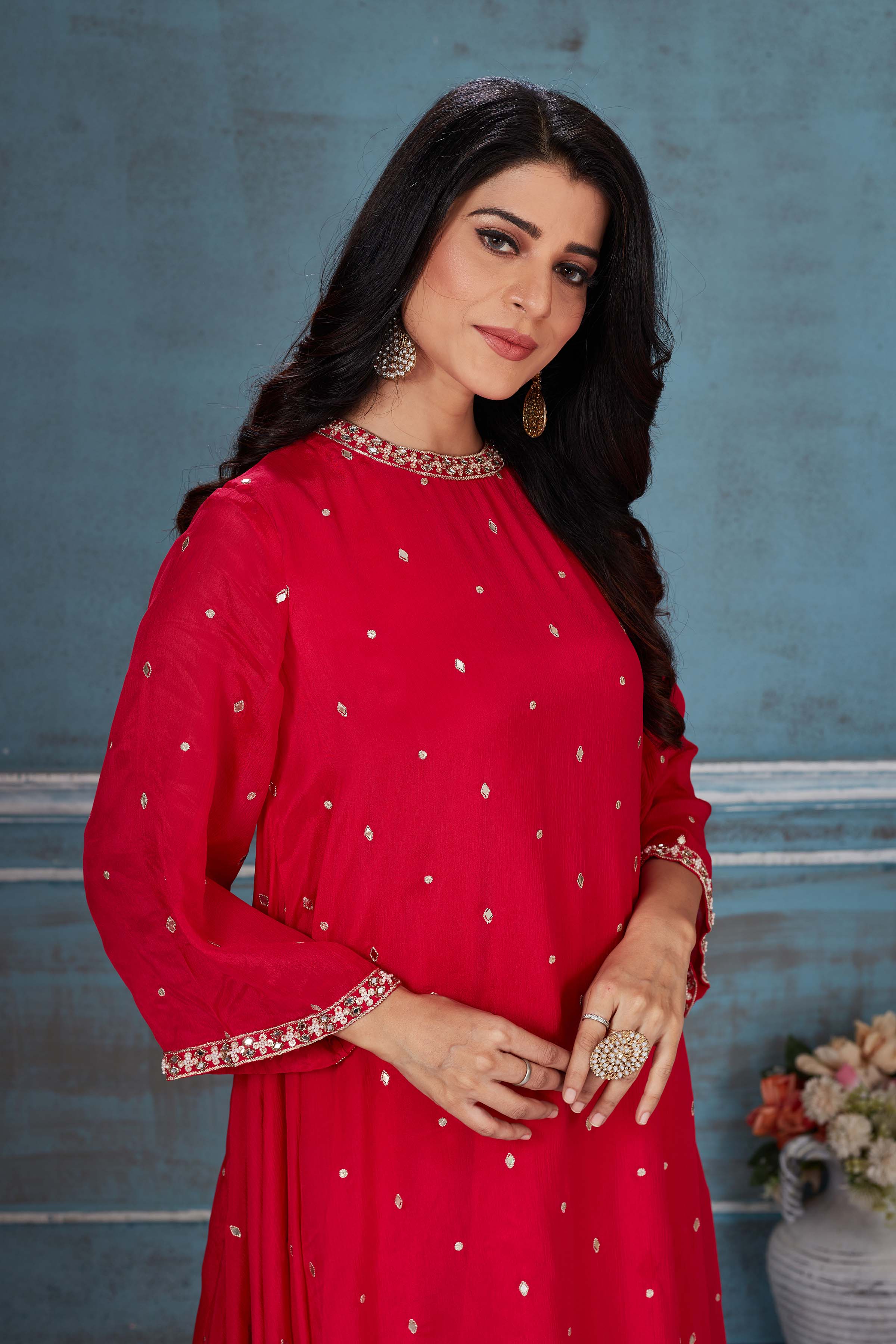Buy beautiful red embroidered crepe Kaftan suit online in USA with dupatta. Look royal on special occasions in exquisite designer lehengas, pure silk sarees, handloom sarees, Bollywood sarees, Anarkali suits, Banarasi sarees, organza sarees from Pure Elegance Indian saree store in USA.-closeup