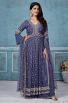 Buy blue embroidered crepe suit online in USA with palazzo and dupatta. Look royal on special occasions in exquisite designer lehengas, pure silk sarees, handloom sarees, Bollywood sarees, Anarkali suits, Banarasi sarees, organza sarees from Pure Elegance Indian saree store in USA.-full view