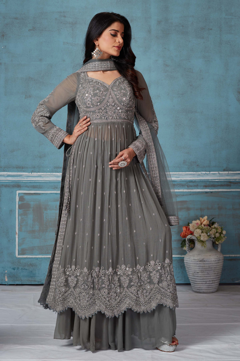  Buy grey embroidered georgette palazzo suit online in USA with dupatta. Look royal on special occasions in exquisite designer lehengas, pure silk sarees, handloom sarees, Bollywood sarees, Anarkali suits, Banarasi sarees, organza sarees from Pure Elegance Indian saree store in USA.-full view