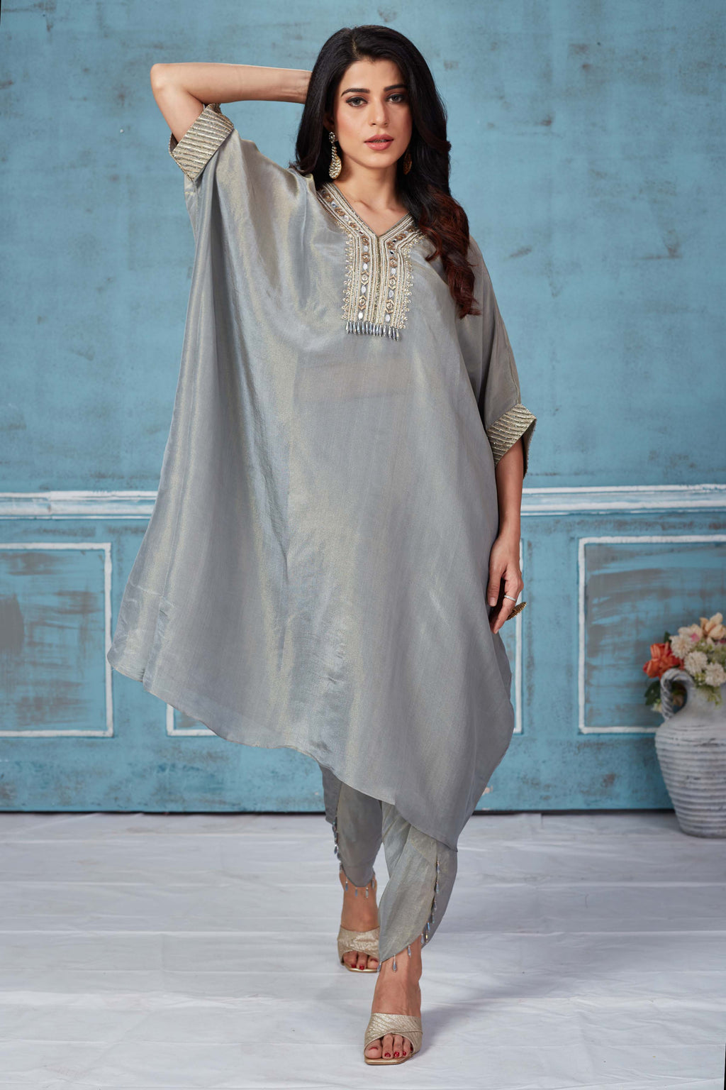 Shop light grey tissue georgette kaftaan dhoti set online in USA. Look royal on special occasions in exquisite designer lehengas, pure silk sarees, handloom sarees, Bollywood sarees, Anarkali suits, Banarasi sarees, organza sarees from Pure Elegance Indian saree store in USA.-full view