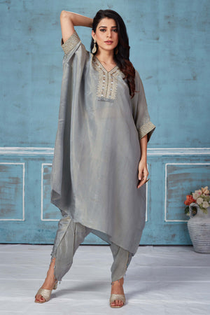 Shop light grey tissue georgette kaftaan dhoti set online in USA. Look royal on special occasions in exquisite designer lehengas, pure silk sarees, handloom sarees, Bollywood sarees, Anarkali suits, Banarasi sarees, organza sarees from Pure Elegance Indian saree store in USA.-front