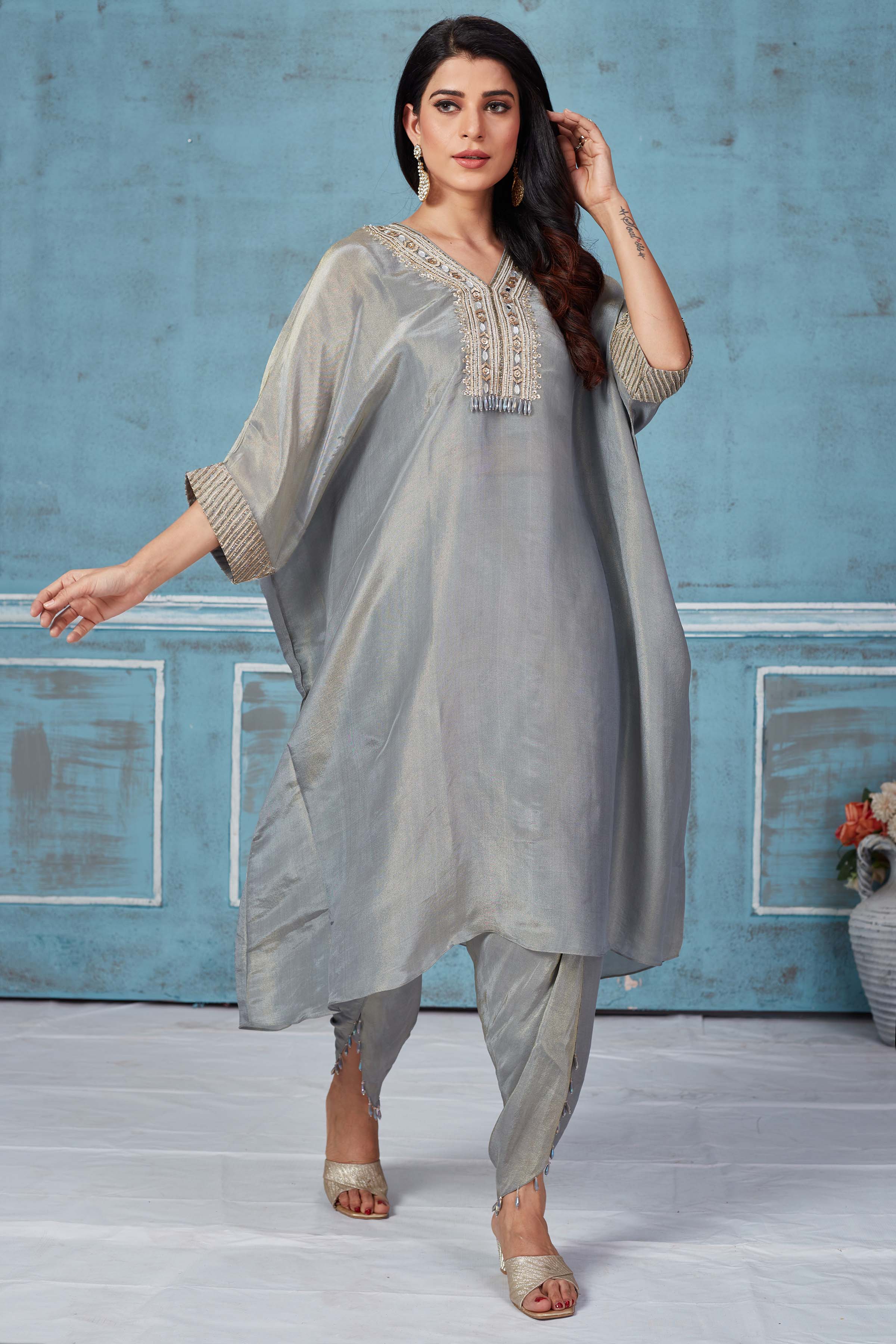Shop light grey tissue georgette kaftaan dhoti set online in USA. Look royal on special occasions in exquisite designer lehengas, pure silk sarees, handloom sarees, Bollywood sarees, Anarkali suits, Banarasi sarees, organza sarees from Pure Elegance Indian saree store in USA.-side