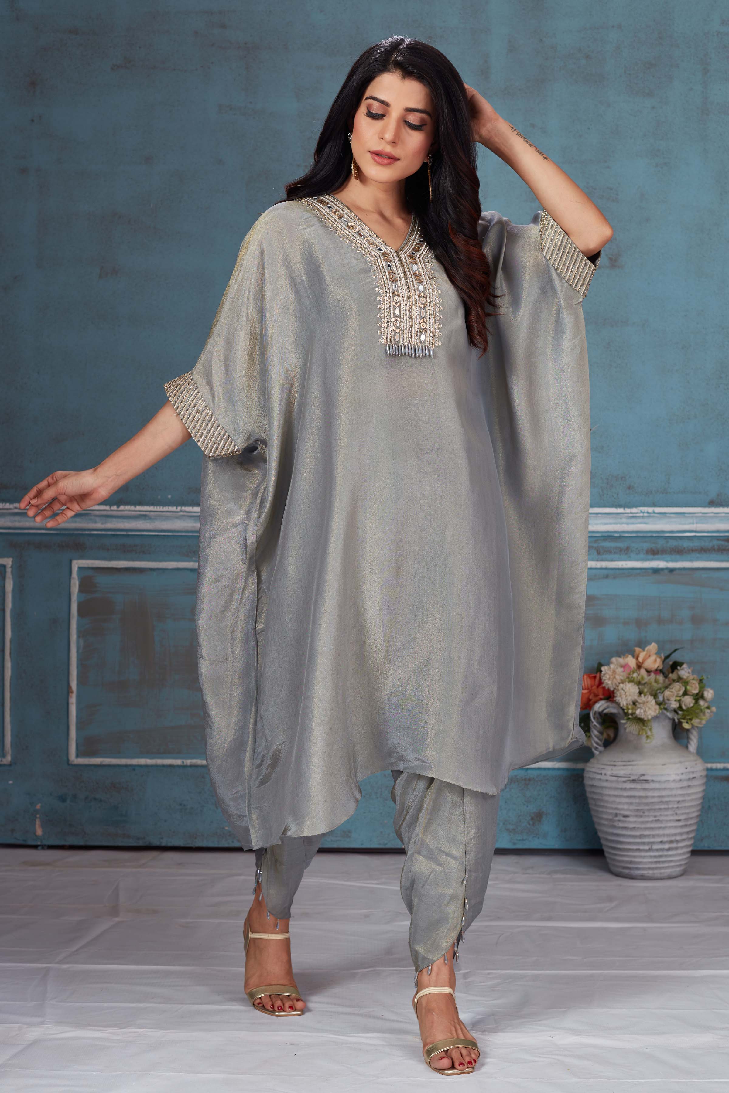 Buy grey embroidered tissue georgette kaftan dhoti set online in USA. Look royal on special occasions in exquisite designer lehengas, pure silk sarees, handloom sarees, Bollywood sarees, Anarkali suits, Banarasi sarees, organza sarees from Pure Elegance Indian saree store in USA.-front