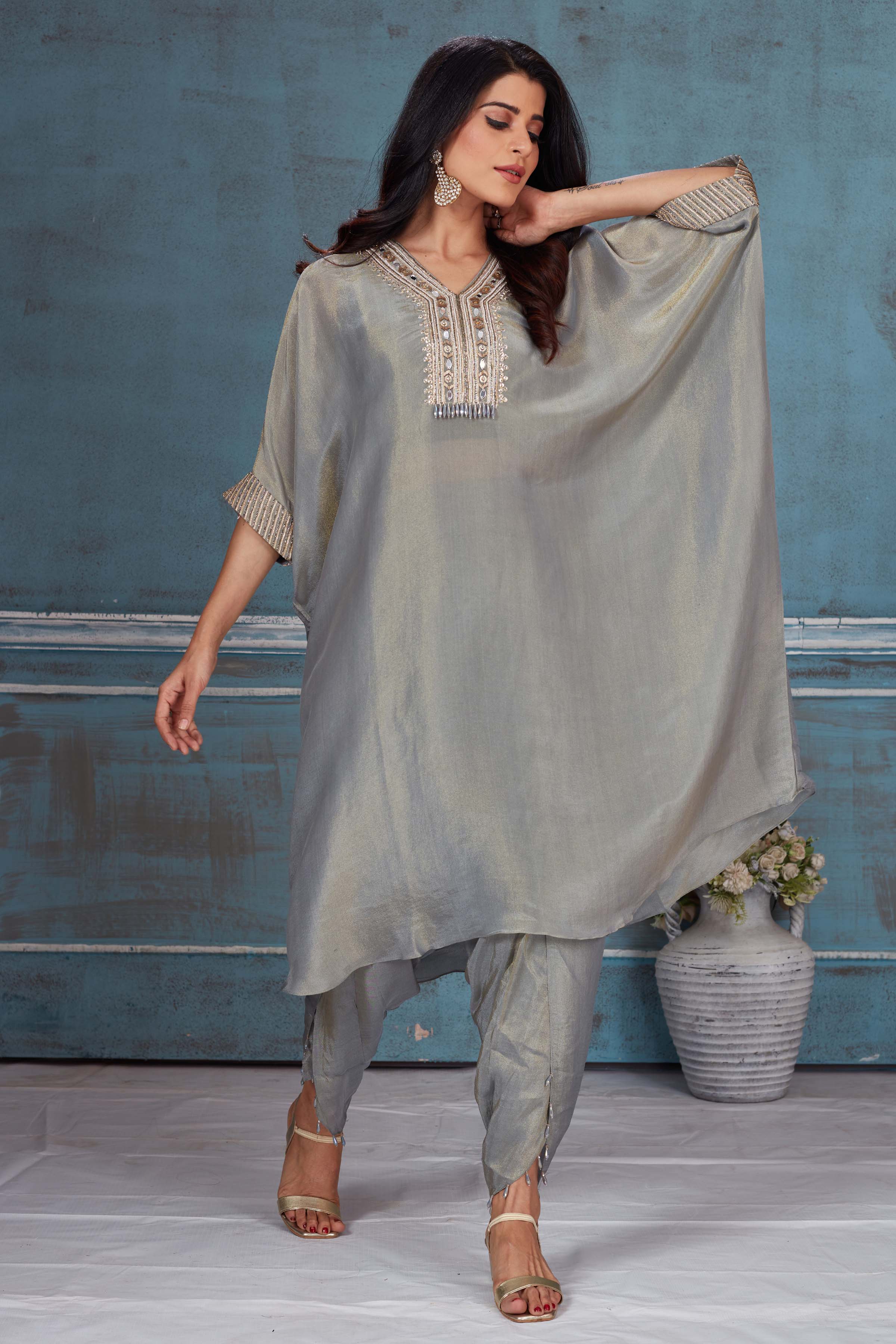 Buy grey embroidered tissue georgette kaftan dhoti set online in USA. Look royal on special occasions in exquisite designer lehengas, pure silk sarees, handloom sarees, Bollywood sarees, Anarkali suits, Banarasi sarees, organza sarees from Pure Elegance Indian saree store in USA.-suit