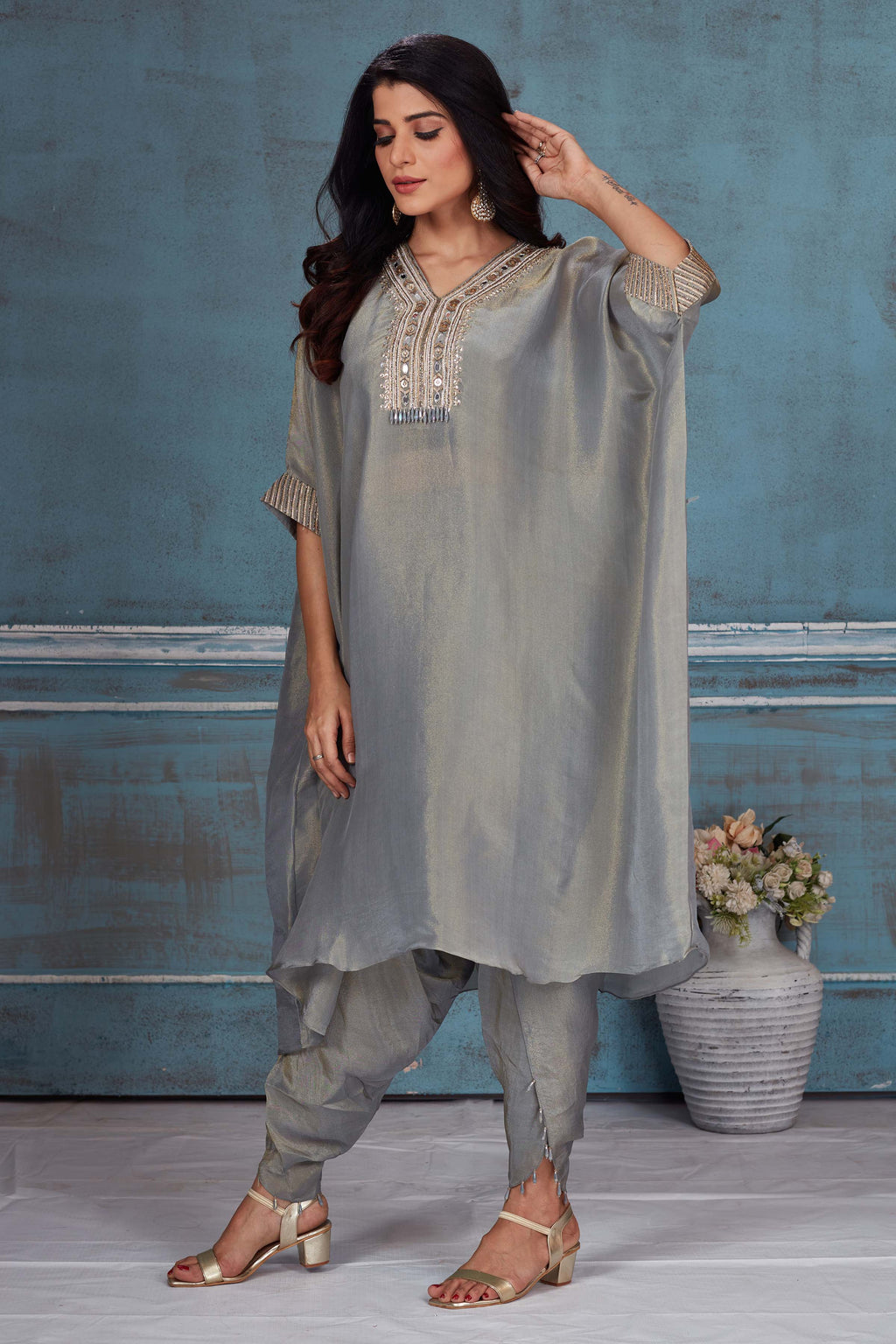 Buy grey embroidered tissue georgette kaftan dhoti set online in USA. Look royal on special occasions in exquisite designer lehengas, pure silk sarees, handloom sarees, Bollywood sarees, Anarkali suits, Banarasi sarees, organza sarees from Pure Elegance Indian saree store in USA.-full view