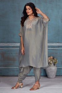 Buy grey embroidered tissue georgette kaftan dhoti set online in USA. Look royal on special occasions in exquisite designer lehengas, pure silk sarees, handloom sarees, Bollywood sarees, Anarkali suits, Banarasi sarees, organza sarees from Pure Elegance Indian saree store in USA.-full view