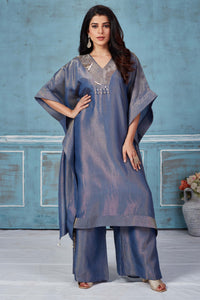Shop beautiful blue embroidered tissue georgette kaftan pant set online in USA. Look royal on special occasions in exquisite designer lehengas, pure silk sarees, handloom sarees, Bollywood sarees, Anarkali suits, Banarasi sarees, organza sarees from Pure Elegance Indian saree store in USA.-full view