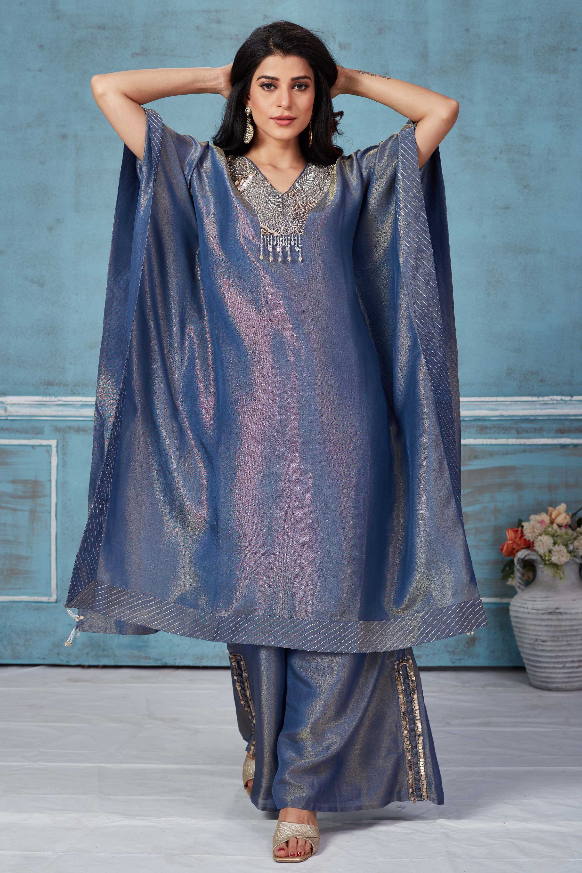 Shop beautiful blue embroidered tissue georgette kaftan pant set online in USA. Look royal on special occasions in exquisite designer lehengas, pure silk sarees, handloom sarees, Bollywood sarees, Anarkali suits, Banarasi sarees, organza sarees from Pure Elegance Indian saree store in USA.-front