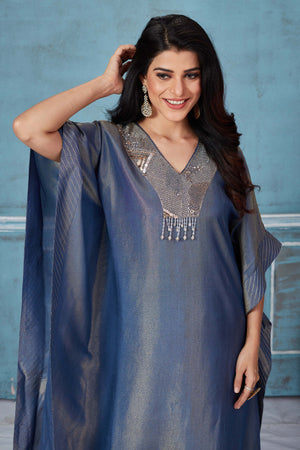 Shop beautiful blue embroidered tissue georgette kaftan pant set online in USA. Look royal on special occasions in exquisite designer lehengas, pure silk sarees, handloom sarees, Bollywood sarees, Anarkali suits, Banarasi sarees, organza sarees from Pure Elegance Indian saree store in USA.-closeup