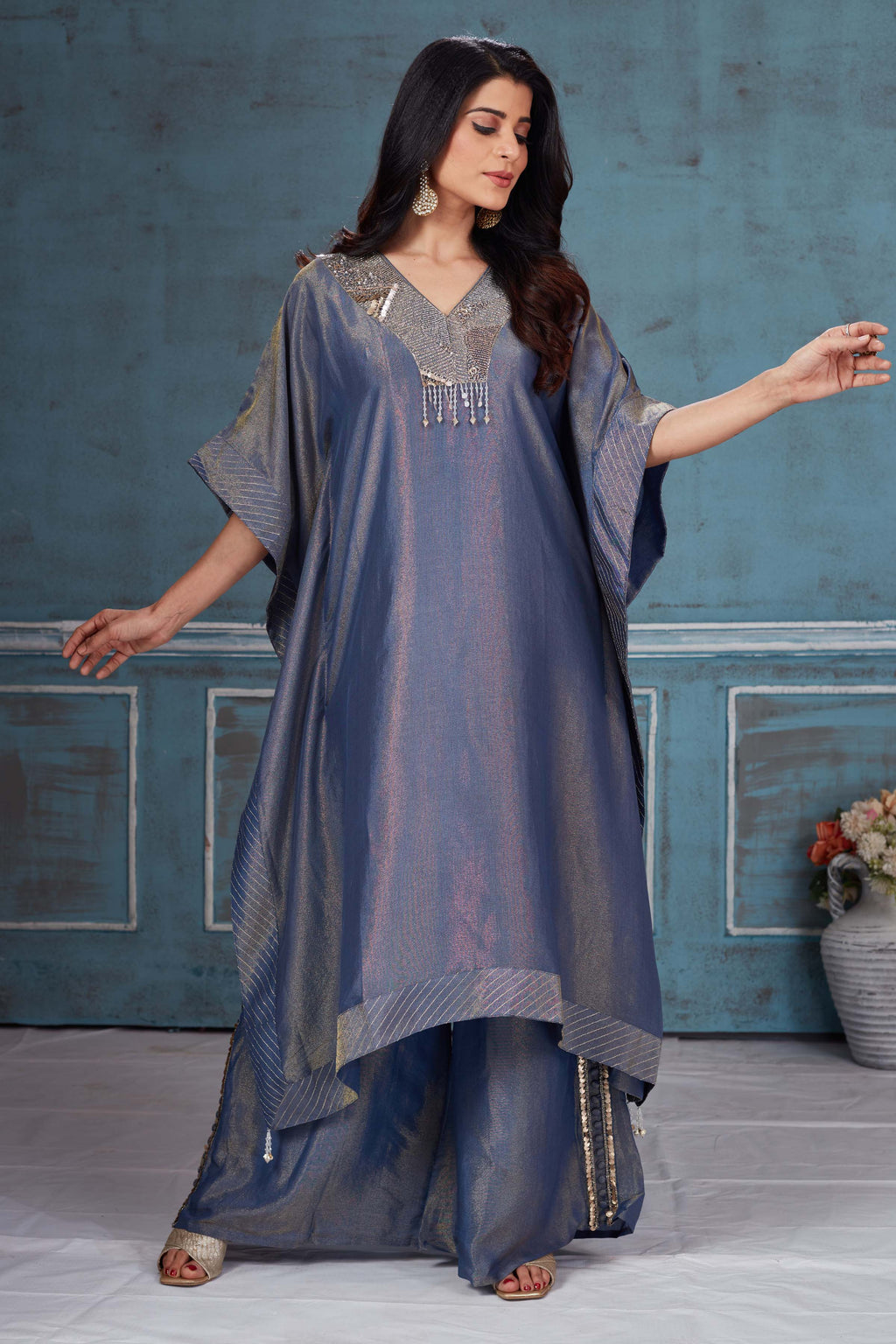 Buy blue embroidered tissue georgette kaftan pant set online in USA. Look royal on special occasions in exquisite designer lehengas, pure silk sarees, handloom sarees, Bollywood sarees, Anarkali suits, Banarasi sarees, organza sarees from Pure Elegance Indian saree store in USA.-full view