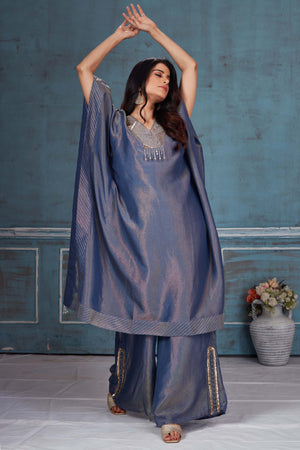 Buy blue embroidered tissue georgette kaftan pant set online in USA. Look royal on special occasions in exquisite designer lehengas, pure silk sarees, handloom sarees, Bollywood sarees, Anarkali suits, Banarasi sarees, organza sarees from Pure Elegance Indian saree store in USA.-front