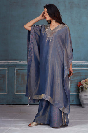 Buy blue embroidered tissue georgette kaftan pant set online in USA. Look royal on special occasions in exquisite designer lehengas, pure silk sarees, handloom sarees, Bollywood sarees, Anarkali suits, Banarasi sarees, organza sarees from Pure Elegance Indian saree store in USA.-suit