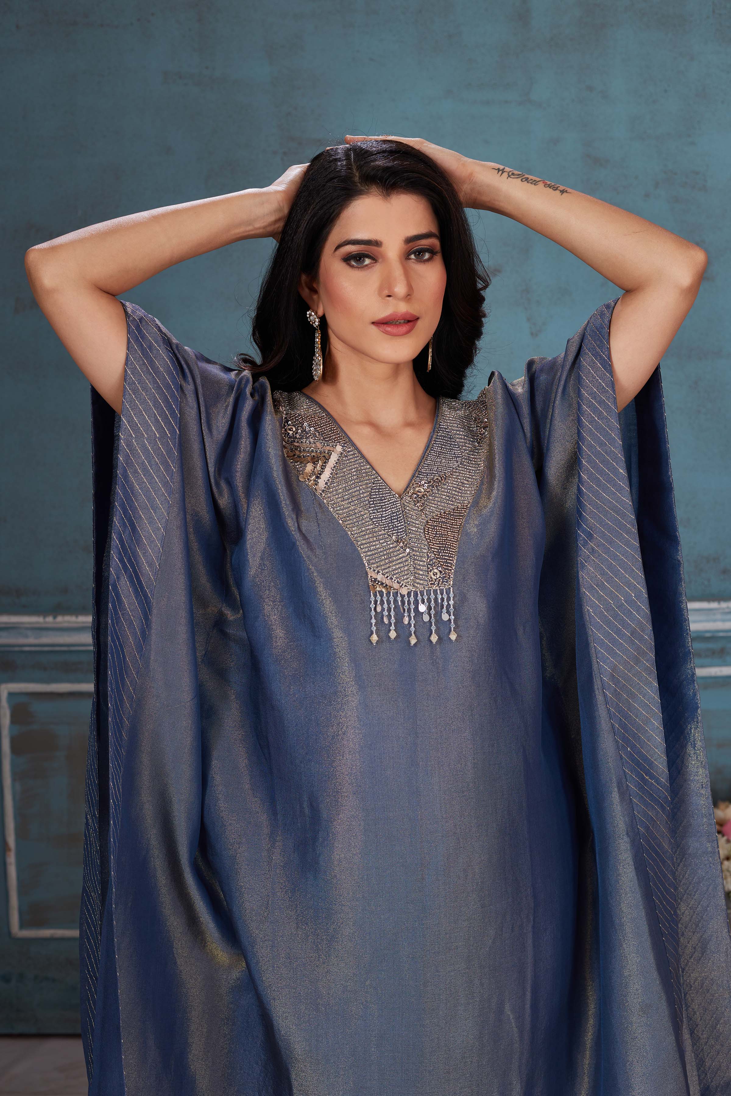 Buy blue embroidered tissue georgette kaftan pant set online in USA. Look royal on special occasions in exquisite designer lehengas, pure silk sarees, handloom sarees, Bollywood sarees, Anarkali suits, Banarasi sarees, organza sarees from Pure Elegance Indian saree store in USA.-closeup