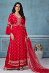 Shop red embroidered georgette palazzo online in USA with dupatta. Look royal on special occasions in exquisite designer lehengas, pure silk sarees, handloom sarees, Bollywood sarees, Anarkali suits, Banarasi sarees, organza sarees from Pure Elegance Indian saree store in USA.-full view