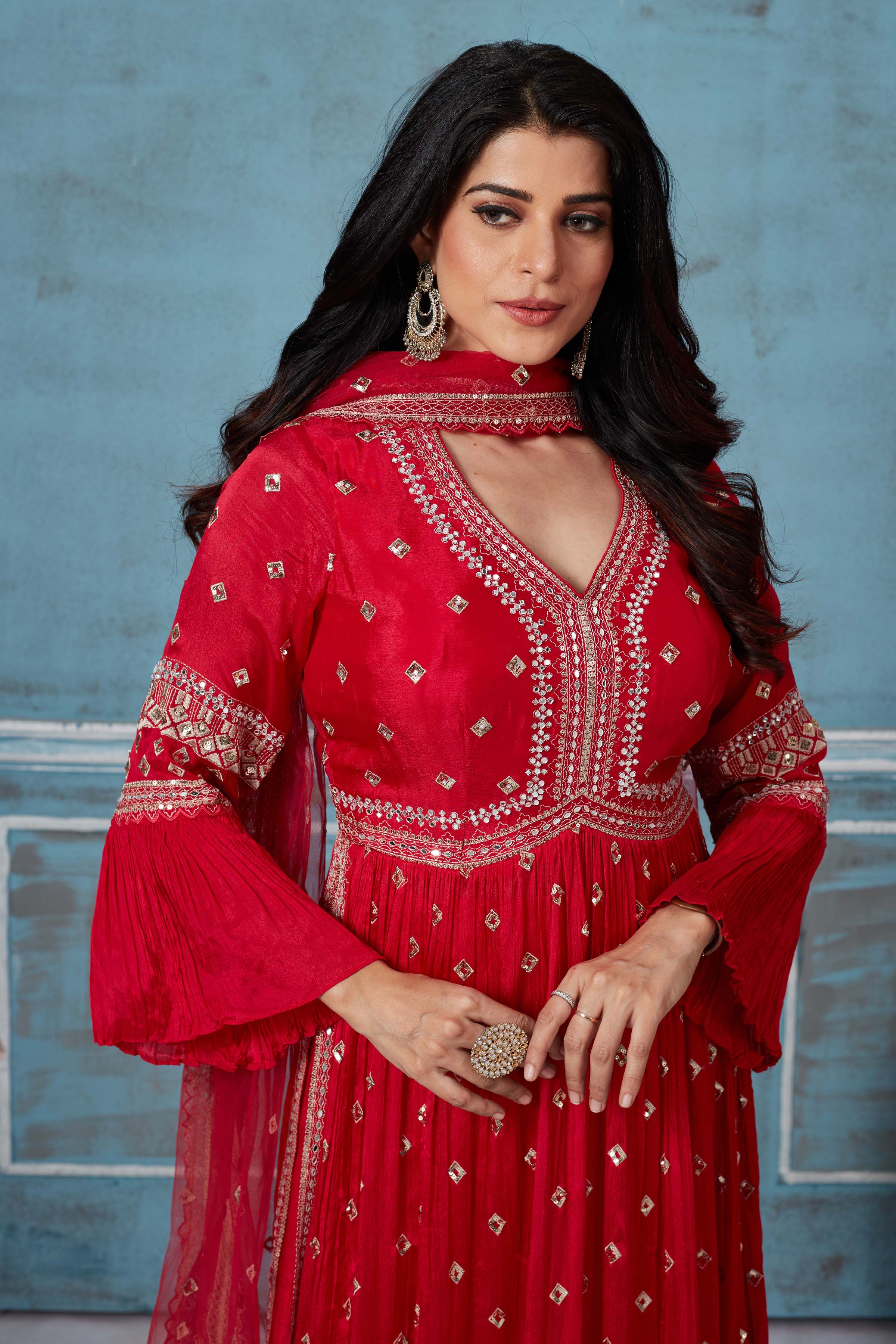 Shop red embroidered georgette palazzo online in USA with dupatta. Look royal on special occasions in exquisite designer lehengas, pure silk sarees, handloom sarees, Bollywood sarees, Anarkali suits, Banarasi sarees, organza sarees from Pure Elegance Indian saree store in USA.-closeup