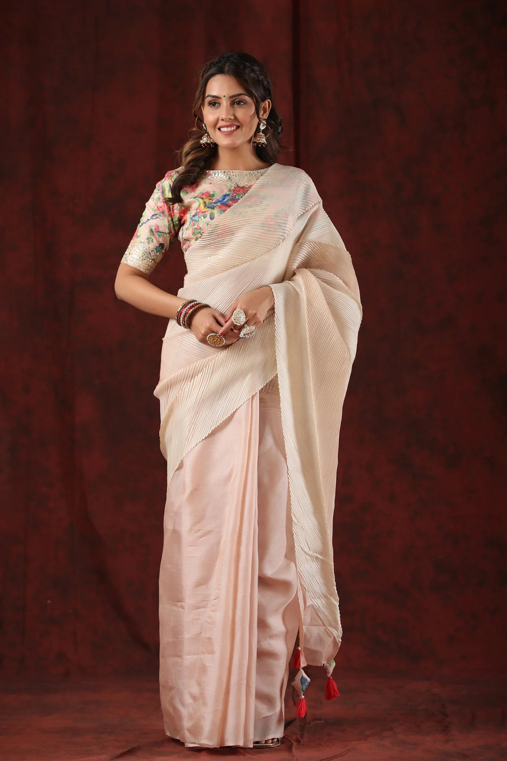 Shop powder pink crushed tissue silk saree online in USA with blouse. Look royal on special occasions in exquisite designer sarees, pure silk sarees, handloom sarees, Bollywood sarees, embroidered sarees, Banarasi sarees, organza sarees from Pure Elegance Indian saree store in USA.-full view