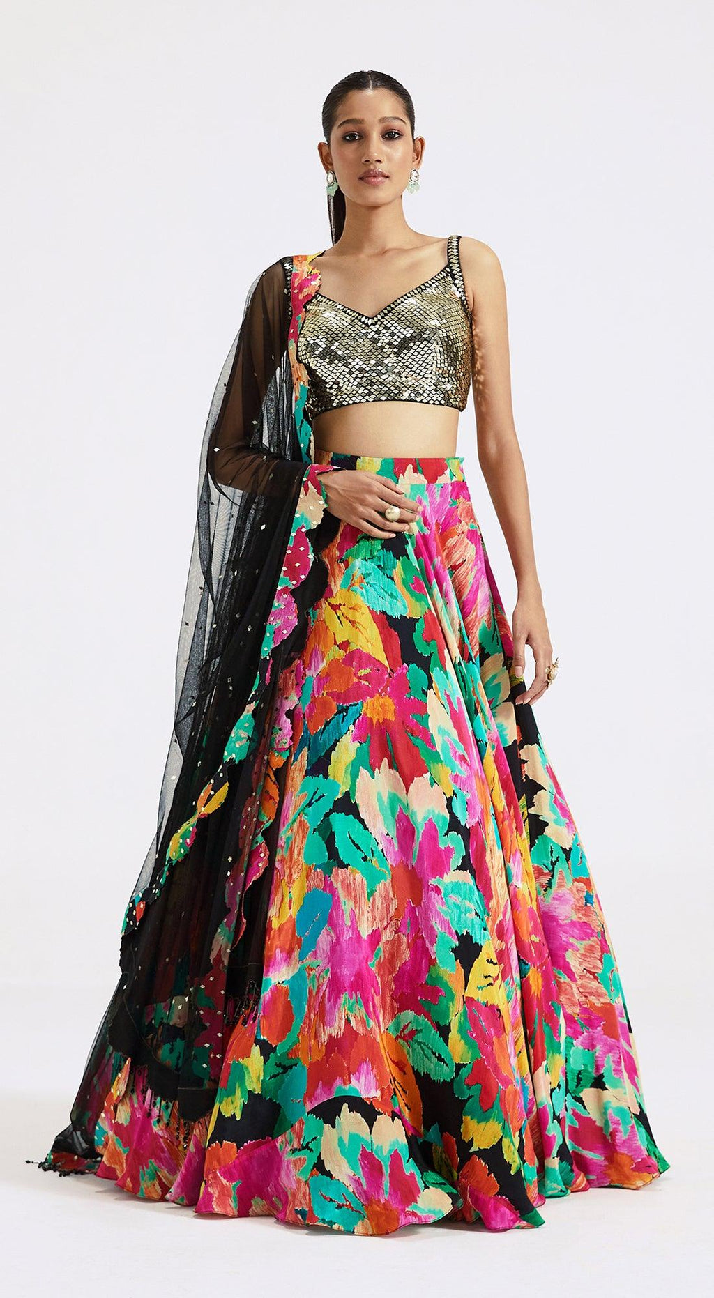 Shop floral multicolor designer lehenga online in USA with dupatta. Look royal on special occasions in exquisite designer lehengas, pure silk sarees, handloom sarees, Bollywood sarees, Anarkali suits, Banarasi sarees, organza sarees from Pure Elegance Indian saree store in USA.-full view