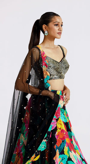 Shop floral multicolor designer lehenga online in USA with dupatta. Look royal on special occasions in exquisite designer lehengas, pure silk sarees, handloom sarees, Bollywood sarees, Anarkali suits, Banarasi sarees, organza sarees from Pure Elegance Indian saree store in USA.-side