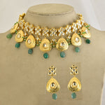Buy Amrapali gold plated kundan necklace set online in USA with green stones. Buy beautiful gold plated jewelry, gold plated earrings, silver earrings, silver bangles, bridal jewelry, wedding jewellery from Pure Elegance Indian fashion store in USA.-full view